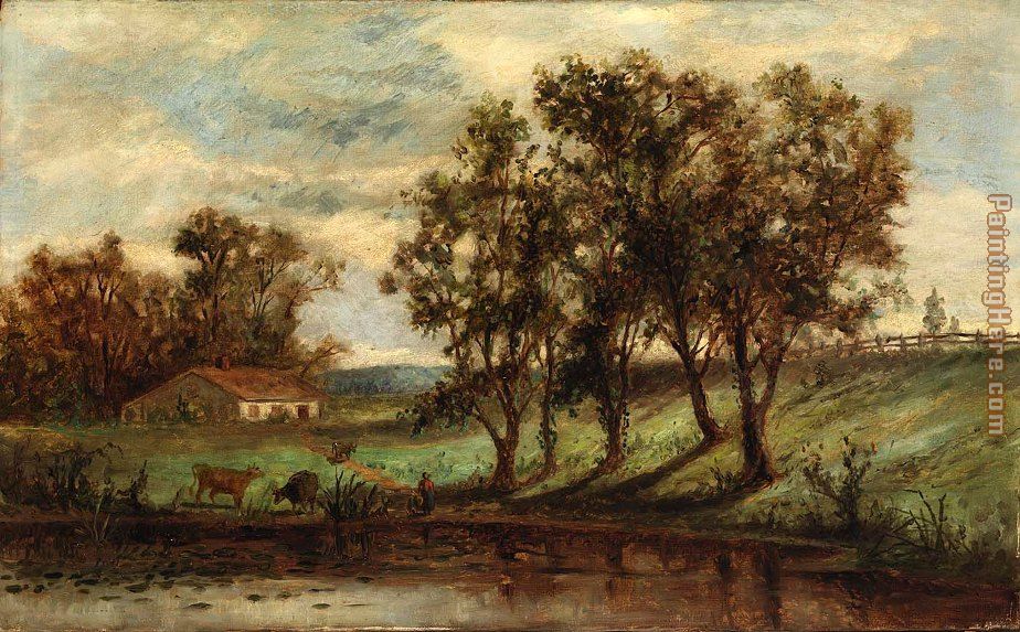 Edward Mitchell Bannister man with cows grazing near pond with house and trees in background